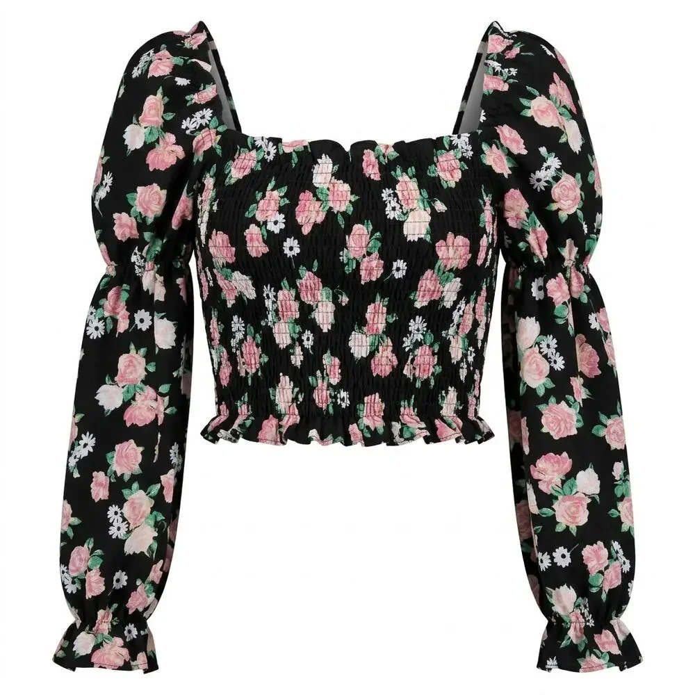 H&M Divided Black Floral Ruffle Smocked Stretch Blouse Women Size M